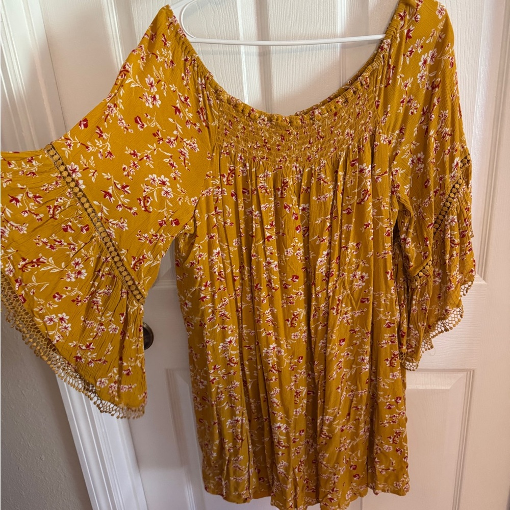 Yellow Smocked Ruffled Dress with Bell Sleeves
